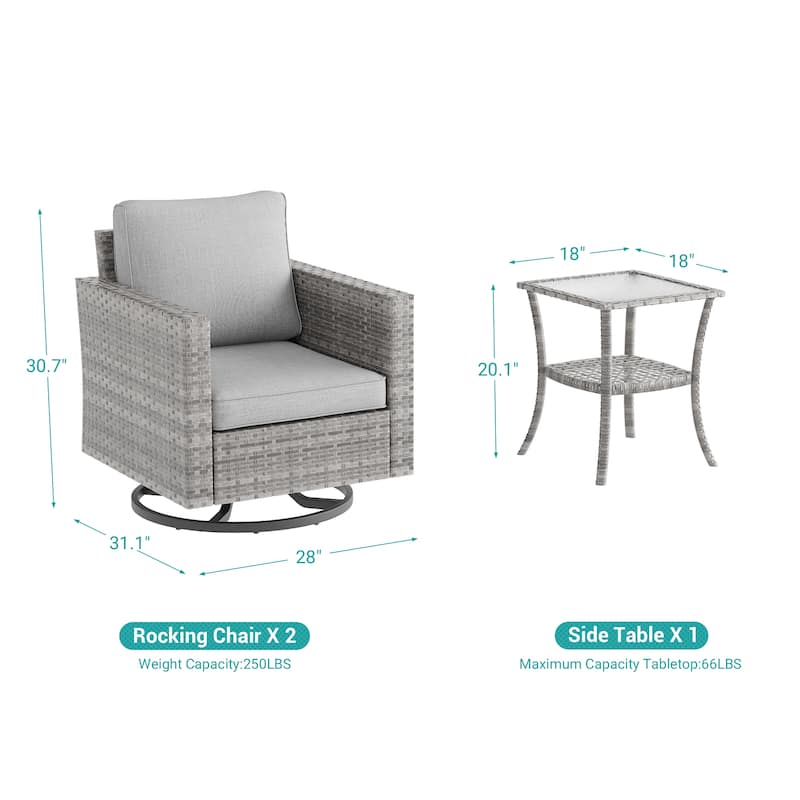 BONOSUKI 3Pcs Patio Swivel Rocking Sofa Set Brown Grey w/Glass Table