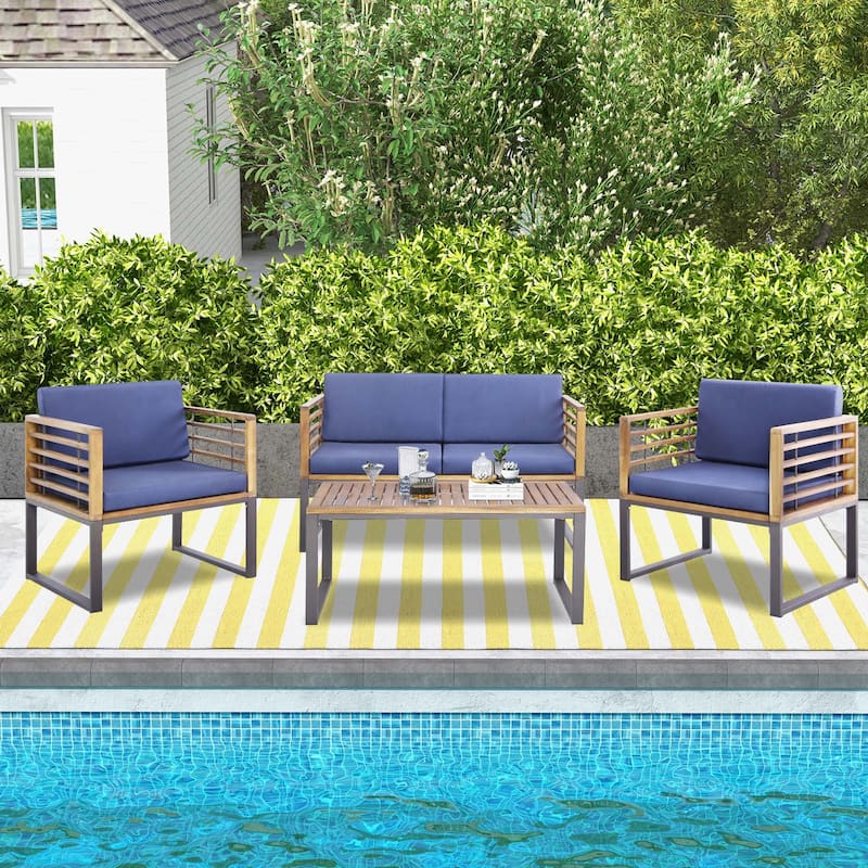 Costway 4pcs Patio Acacia Wood Chair Table Loveseat Cushioned - See Details - Black, Natural, Navy Blue - See Details