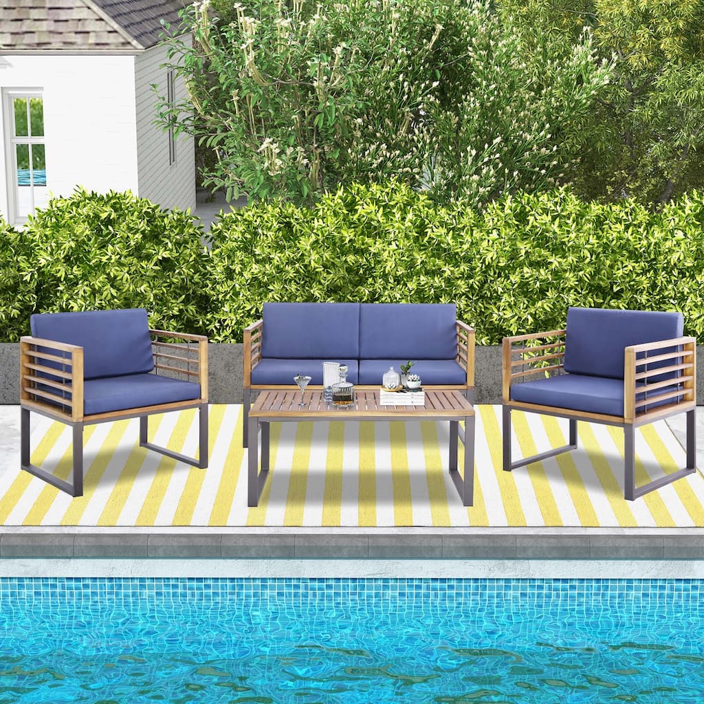 Costway 4pcs Patio Acacia Wood Chair Table Loveseat Cushioned - See Details