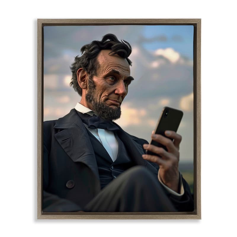 Stupell Abe Lincoln with Cellphone Framed Floater Canvas Wall Art Design By Michael McKinney - 17 x 21 - Brown
