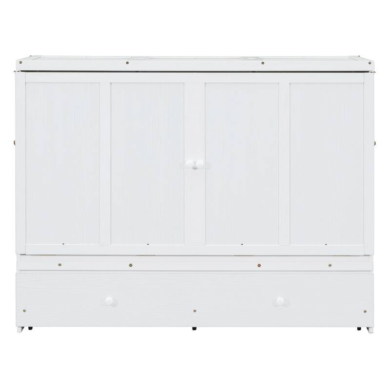 Queen Size Murphy Bed with USB Port, Large Drawer, and Space-Saving Design, White