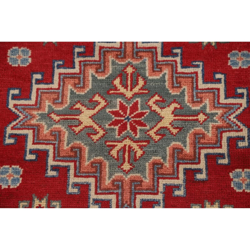 Geometric Red Kazak Runner Rug Hand-Knotted Wool Carpet - 2'9" x 8'0"