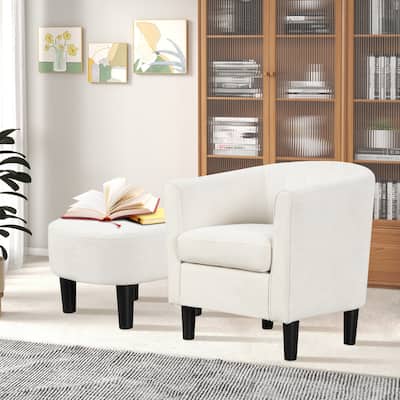 Modern Velvet Barrel Armrest Lounge Chair with Ottoman and Washable Cushion for Bedroom or Living Room