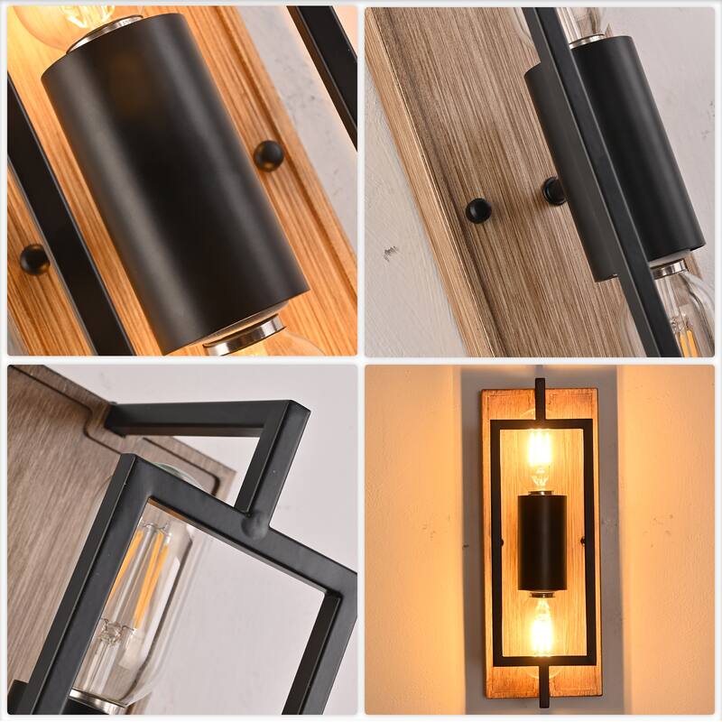 CurveCurio 12" Modern Wall Light with Matte Black Metal Frame and Wood Base, Two-Light Sconce Fixture for Stylish Interiors