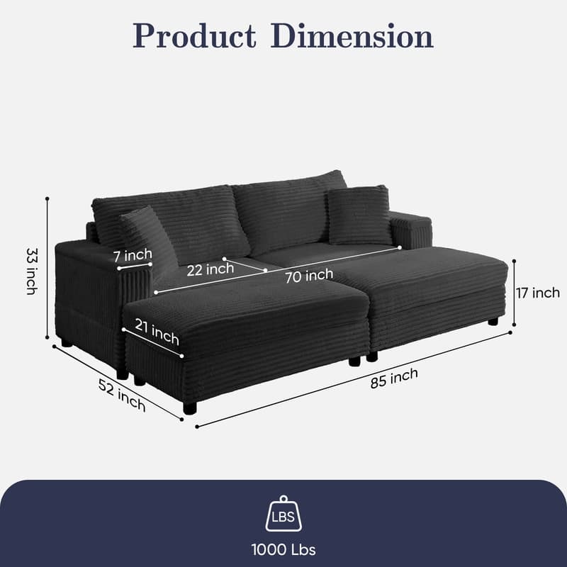 Mixoy 85‘’Corduroy Loveseat Chaise Lounge with Storage Ottoman&Armrests,Upholstered 2-Seater Sleeper Reclining Chair Indoor