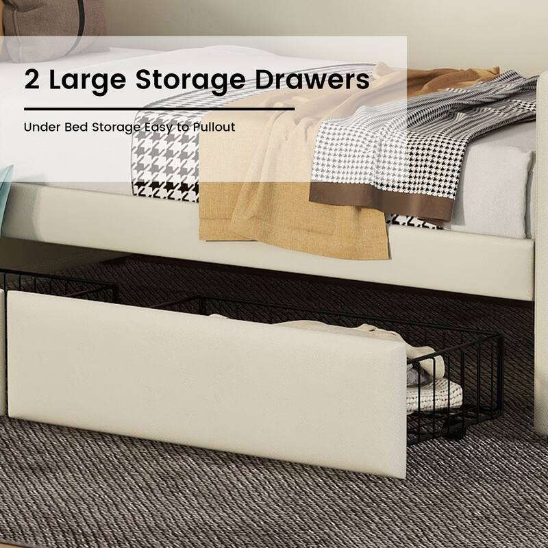 Twin Size Upholstered Daybed with Storage Drawers, Charging Station & LED Lights in Beige