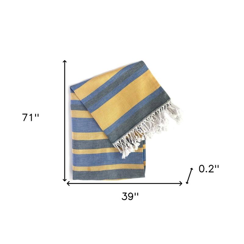 HomeRoots Denim and Yellow Striped Design Turkish Beach Blanket