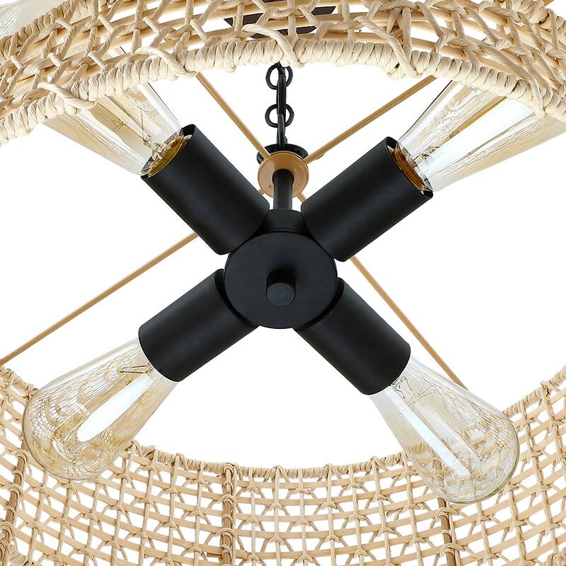 20 in. 4-Light Rattan Tiered Drum Chandelier Light with Black Canopy - 4-Light 20" W