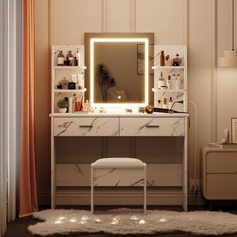 Makeup Vanity Set with Mirror, Stool， Charging Station， 2 Drawers, 6 Shelves