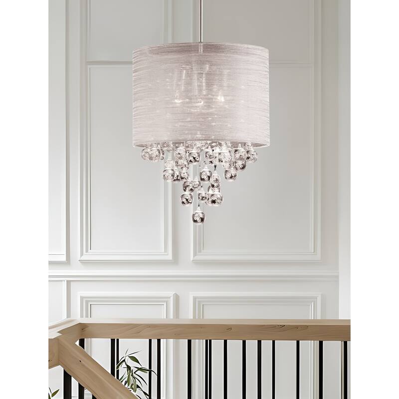 3-Light Cloth Drum Pendant Light - Teardrop Ceiling Lamp Chandelier - White/Silver