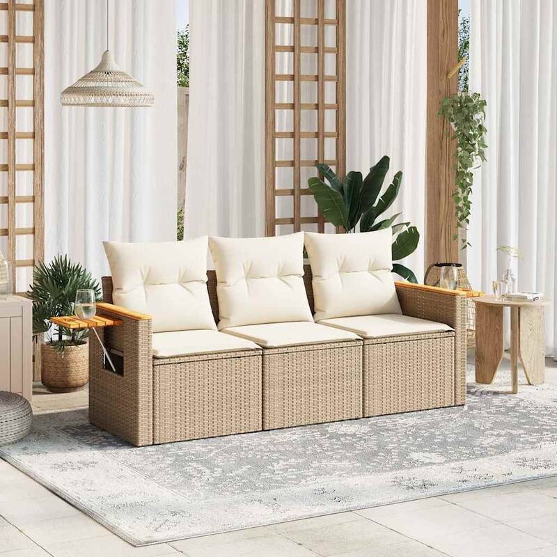 vidaXL Patio Sofa Set with Cushions Outdoor Furniture 3 Piece Poly Rattan - 24.4 x 33.5 x 27.2 in - Beige and cream
