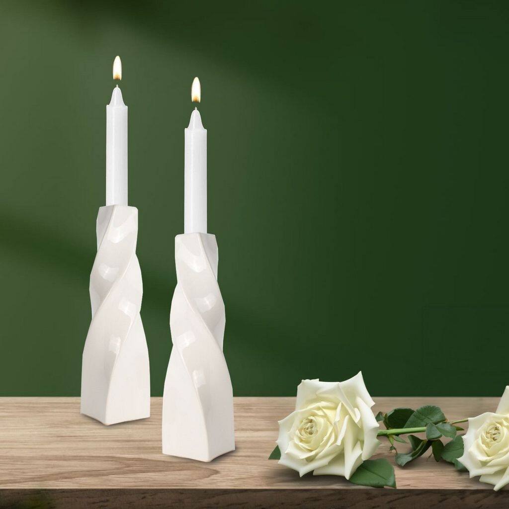 Set of Two Tall Curvy Santa Fe Style Candlesticks in Glazed White