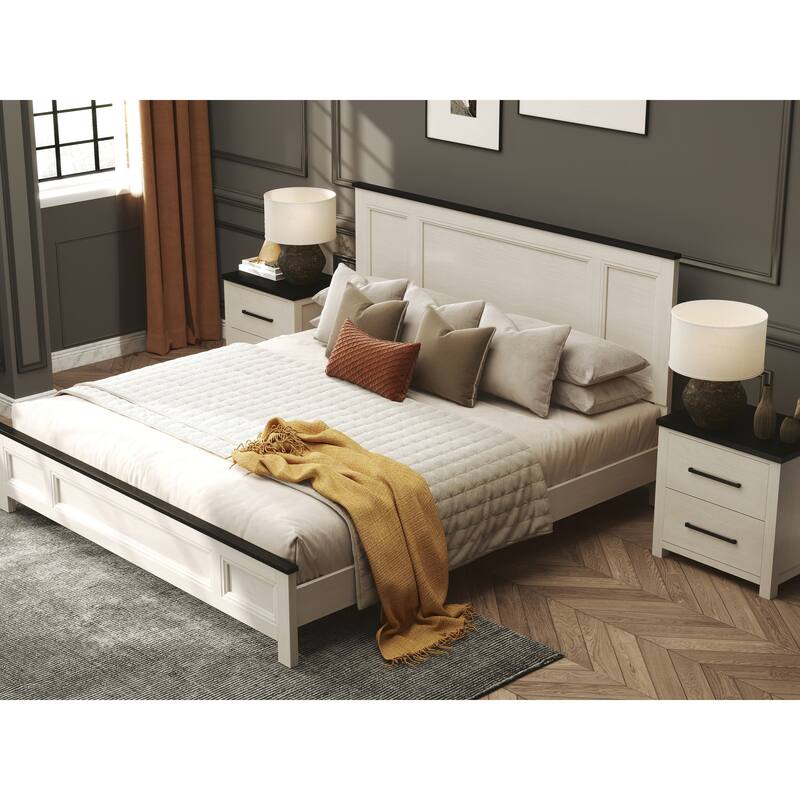 Roundhill Furniture Realynn 6-Piece Wood Bedroom Set, Panel Bed with Dresser, Mirror, Chest, and 2 Nightstands, Off-White Finish