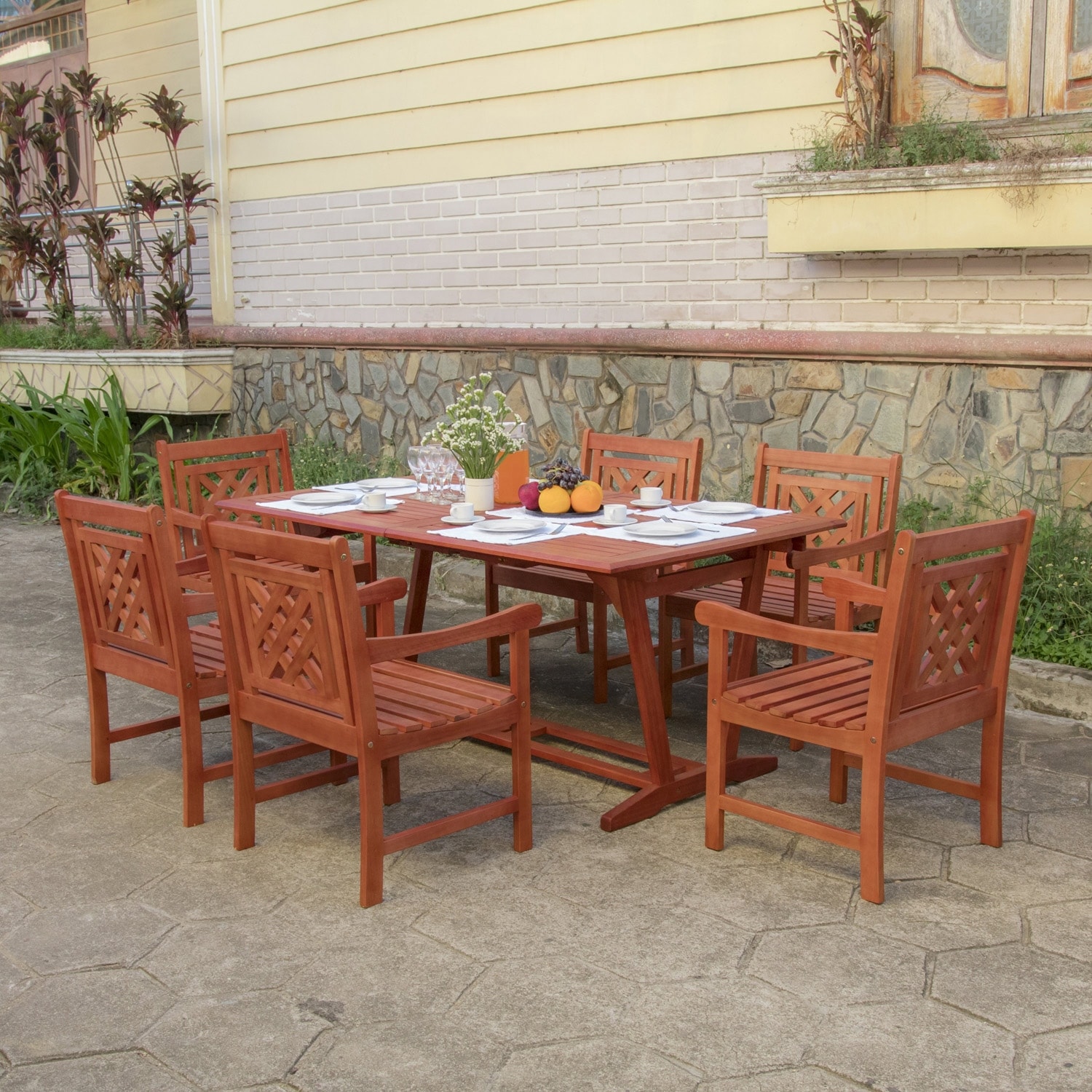 Vifah Malibu Outdoor 7 piece Wood Patio Extendable Table Dining