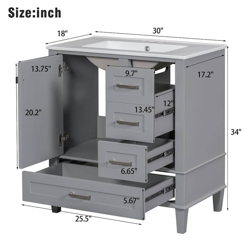 30" Bathroom Vanity With Sink, Solid Wood Bathroom Storage Cabinet