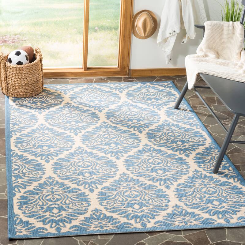 SAFAVIEH Linden Alison Indoor/ Outdoor Waterproof Patio Backyard Rug - 4'x6' - Cream/Blue
