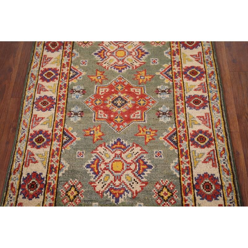 Geometric Kazak Foyer Rug Hand-Knotted Green Wool Carpet - 2'0" x 2'10"