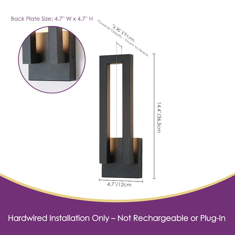 14.6 in. H Satin Black Linear Dimmable Integrated LED Waterproof Outdoor Wall Light Sconce - 4.7 in. W x 14.6 in. H x 2.8 in. D