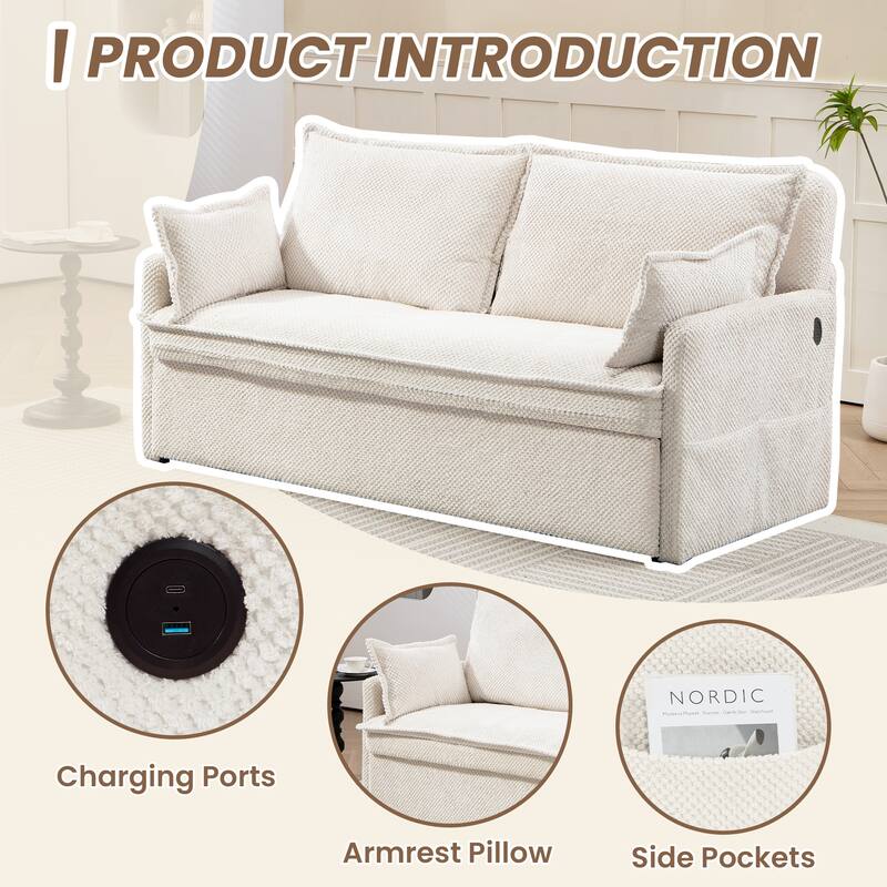59.5" Ergonomic Sofa Bed with Storage & Charging - Supportive Chenille Convertible Sleeper, 800lb Capacity, Side Pockets