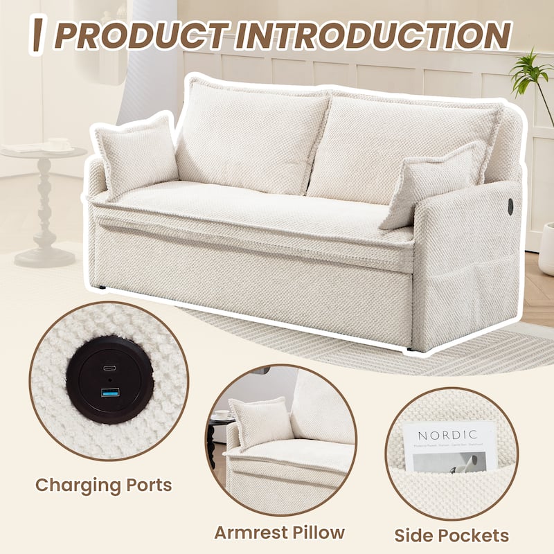 59.5" Upholstered Sofa Bed, Convertible Sleeper Sofa, Pull out Couch with Charging Station & Side Pockets, Loveseat Chair