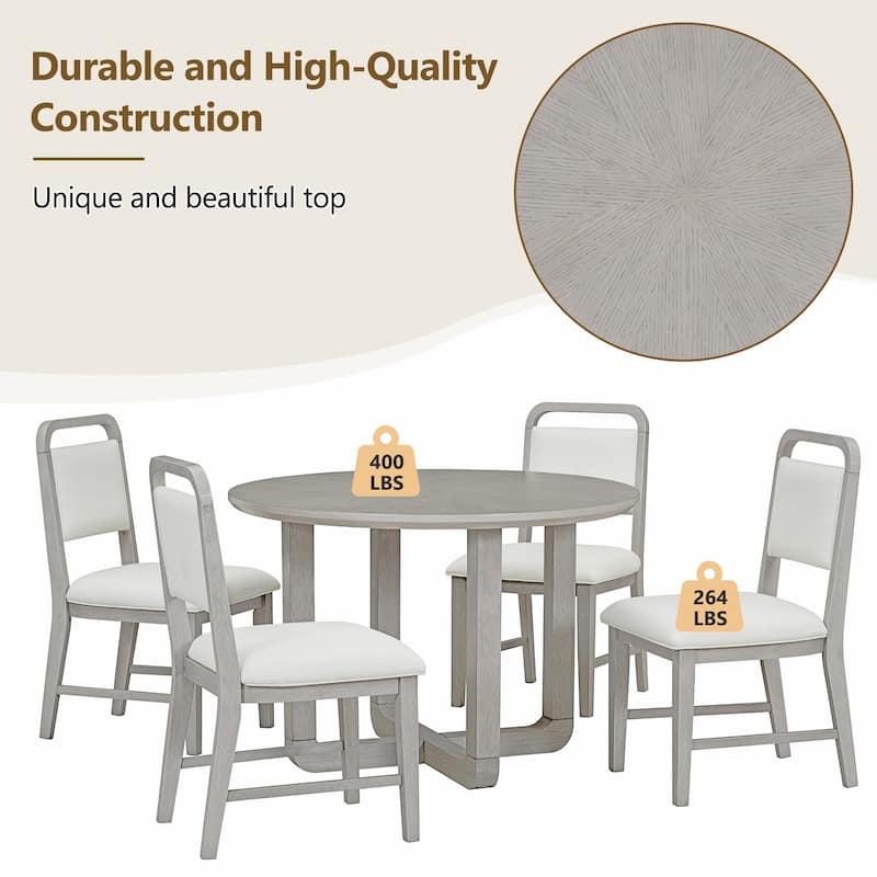 5-Piece Round Dining Table Set for 4 with Upholstered Chairs, Wood Dining Table Set