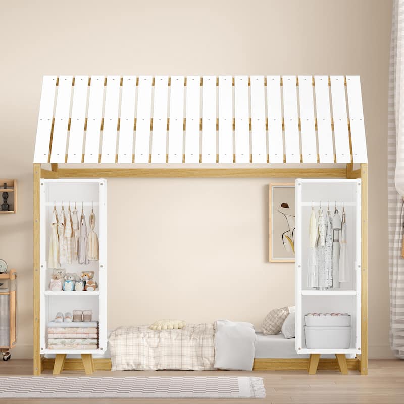 Twin Size House Bed with Fence, Roof, and Movable Wardrobes, Kids Floor Bed in Natural Finish