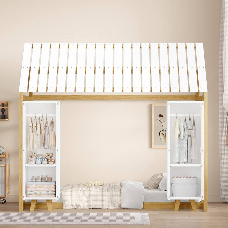 Wooden Twin Size Kids Floor Bed with Two Movable Wardrobes, Fence and Roof