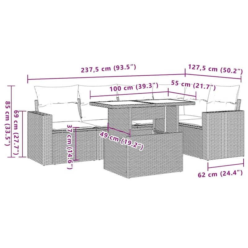 vidaXL 6 Piece Patio Sofa Set with Cushions Black/Brown/Gray Poly Rattan