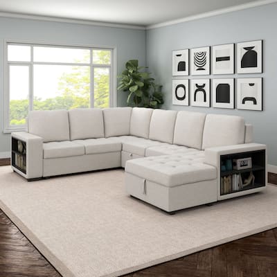 Furniture of America Jaquel Modern Biscuit Tufted Seat Sleeper Sofa Sectional with Storage Shelves and USB Ports