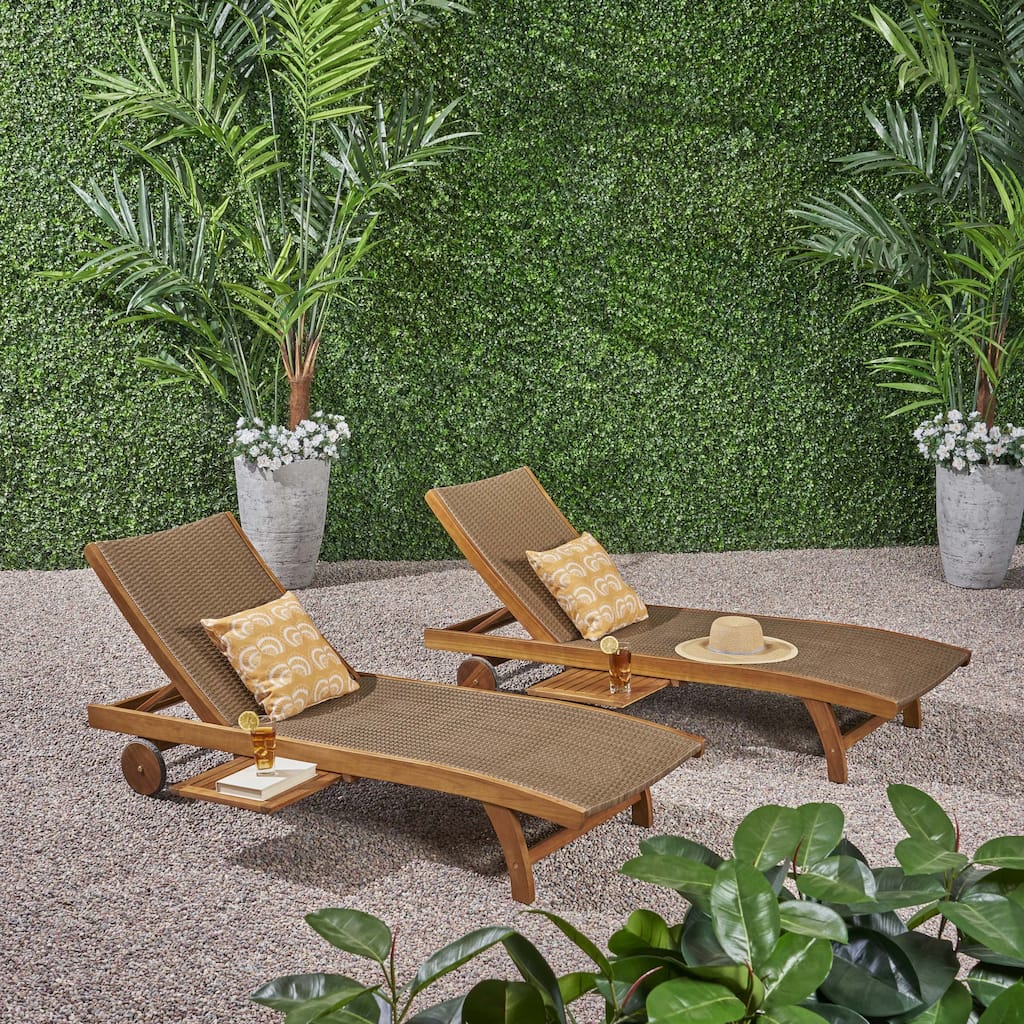 Set of 2 Outdoor Chaise Lounge with Pull-Out Tray, Acacia Wood Lounge Chair with Woven PE Wicker Seat, Adjustable Backrest