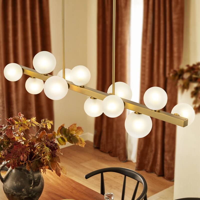 12-Light Modern Brushed Gold Linear Gluster Glass Kitchen Island Pendant Sputnik Frosted Opal Glass Globe Bubble Chandelier