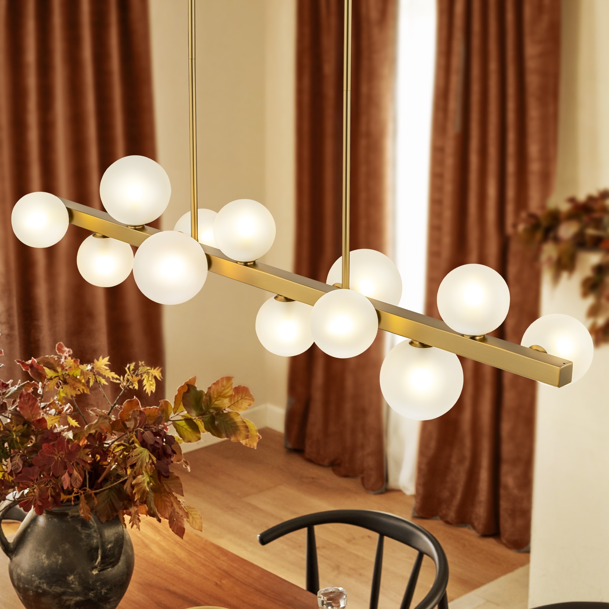 12-Light Modern Brushed Gold Linear Gluster Glass Kitchen Island Pendant Sputnik Frosted Opal Glass Globe Bubble Chandelier