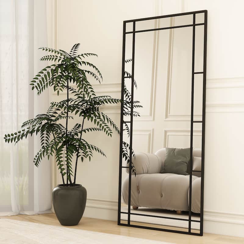 Metal Rectangle Full Length Mirror Pane Grid Floor Mirror - Black