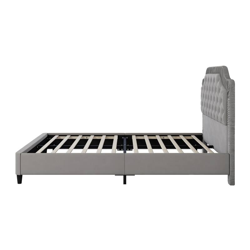 Queen Size Upholstered Bed with Ruched and Button Tufted Headboard