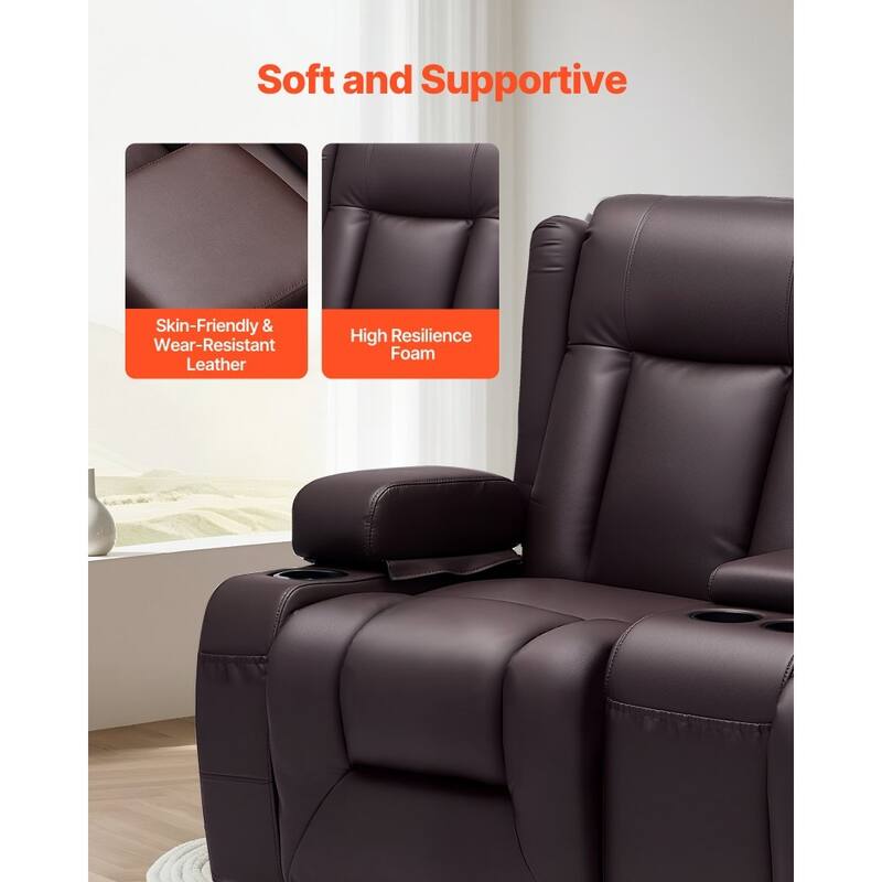 Brown PU Leather Manual Recliner Loveseat with High Back, Storage and Cup Holders - 65.5 x 36.2 x 40.9 in