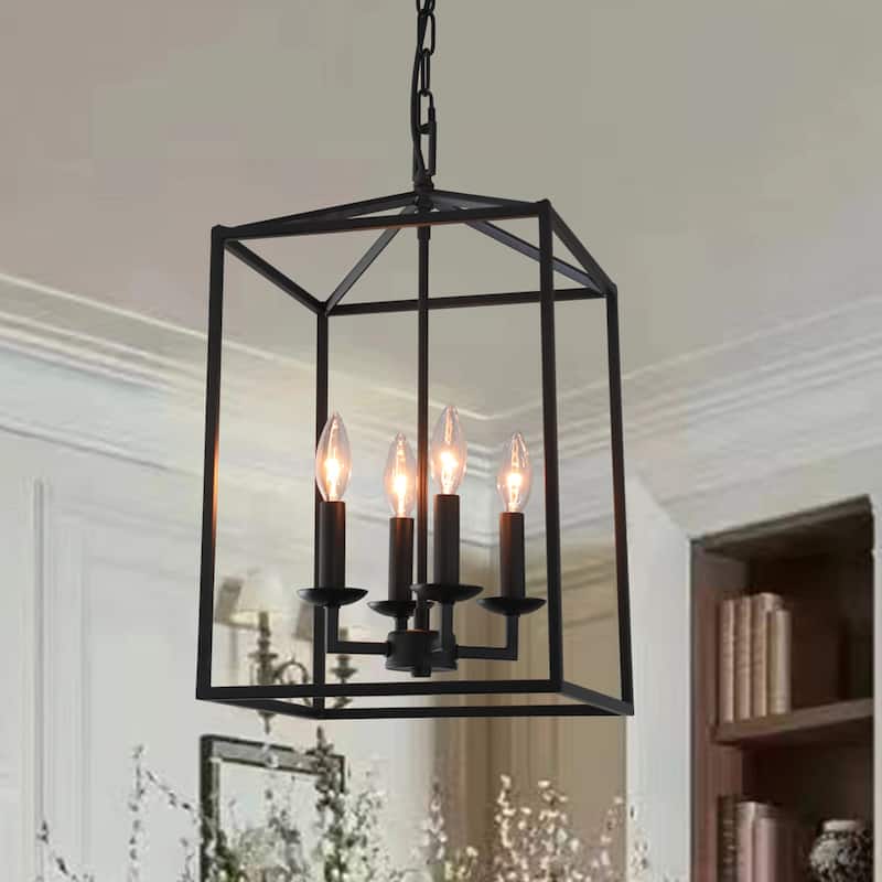 4-Light Black Latern Chandelier - N/A