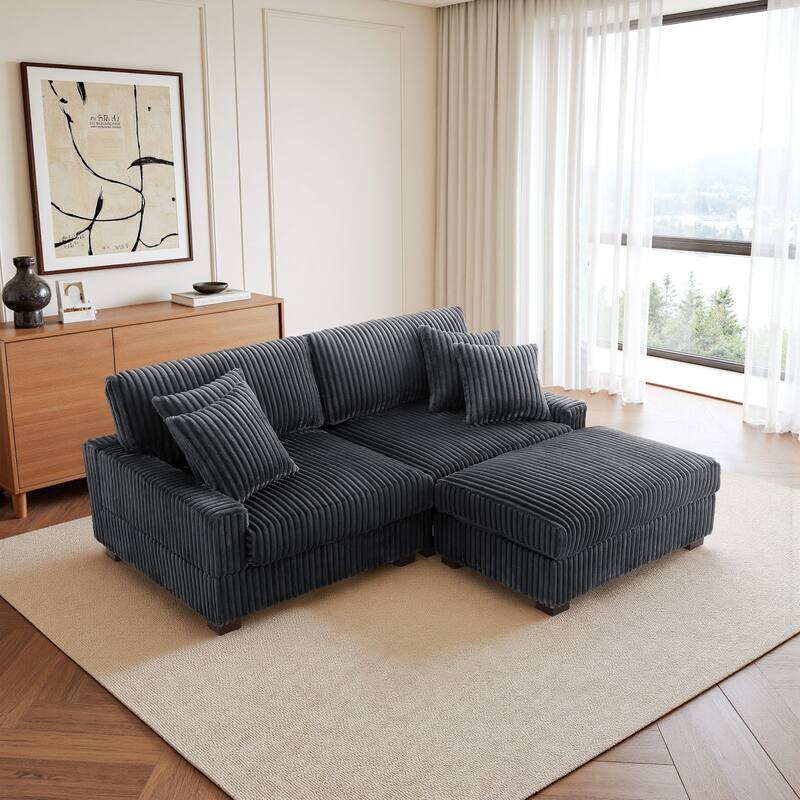 79" W Upholstered Plush Corduroy Sectional Modular Sofa with Ottoman