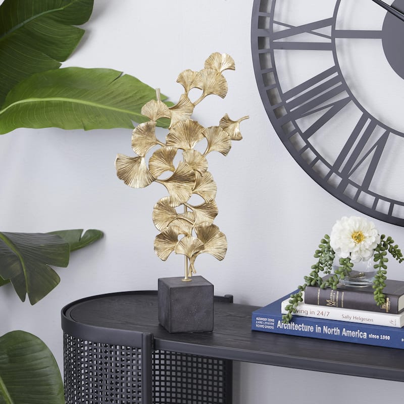 Polystone Floral Decorative Sculpture with Black Block Base - Silver or Gold - Roche River Decor