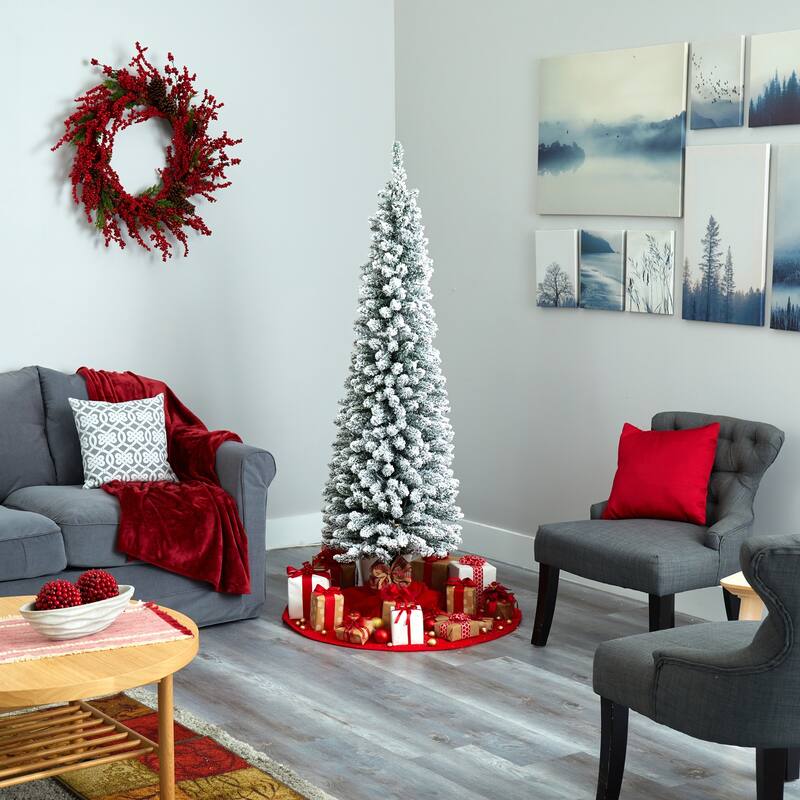 6Ft Pencil Christmas Tree with Lights - Slim Artificial Holiday Tree, 300 Clear Lights, Bendable Branches - White - 72