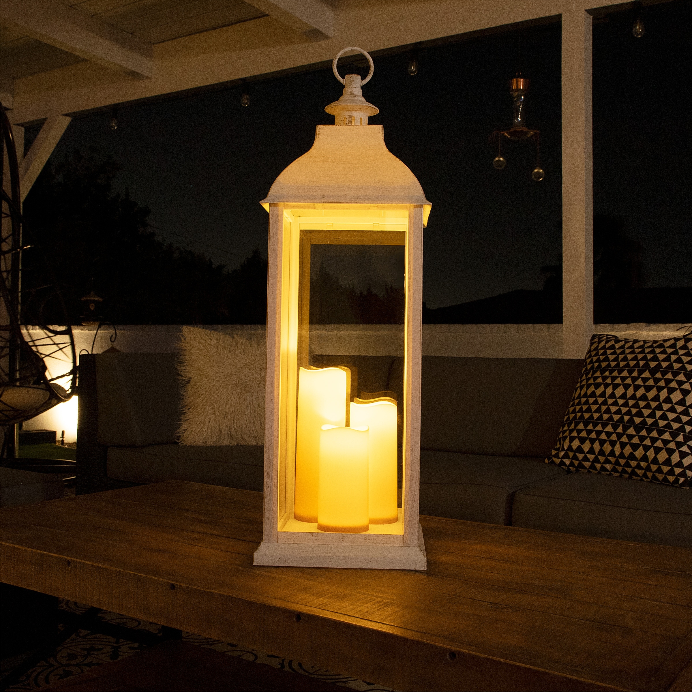 Alpine Corporation 28" Tall Outdoor Battery-Operated Lantern with LED Lights, White
