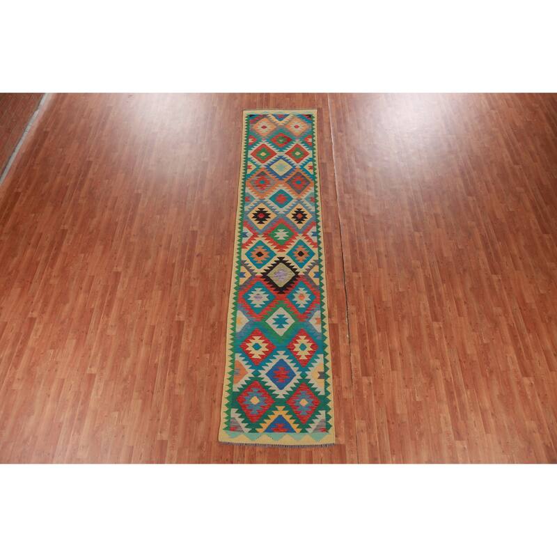 Hand Woven Oriental 100% Wool Carpet Southwestern Geometric Multi-Colored Kilim Runner Rug - 13' 0'' X 2' 10''
