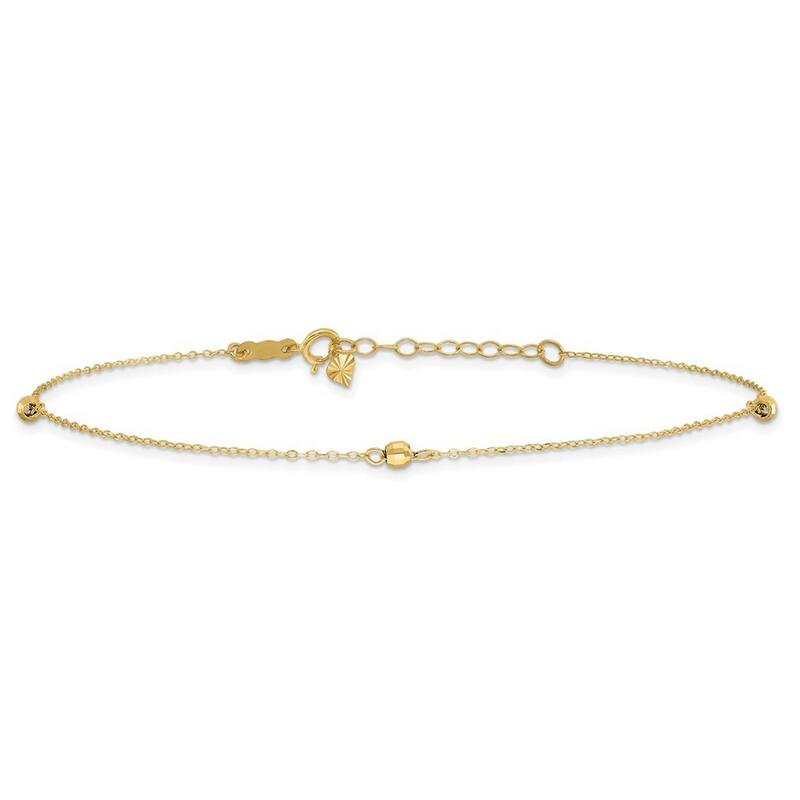 Curata 14k Yellow Gold Mirror Beaded Plus 1in Ext Anklet 9 Inch