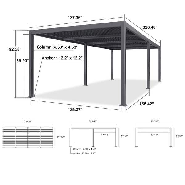 dimension image slide 17 of 36, PURPLE LEAF Outdoor Louvered Pergola with Adjustable Metal Roof for Patio Pergola
