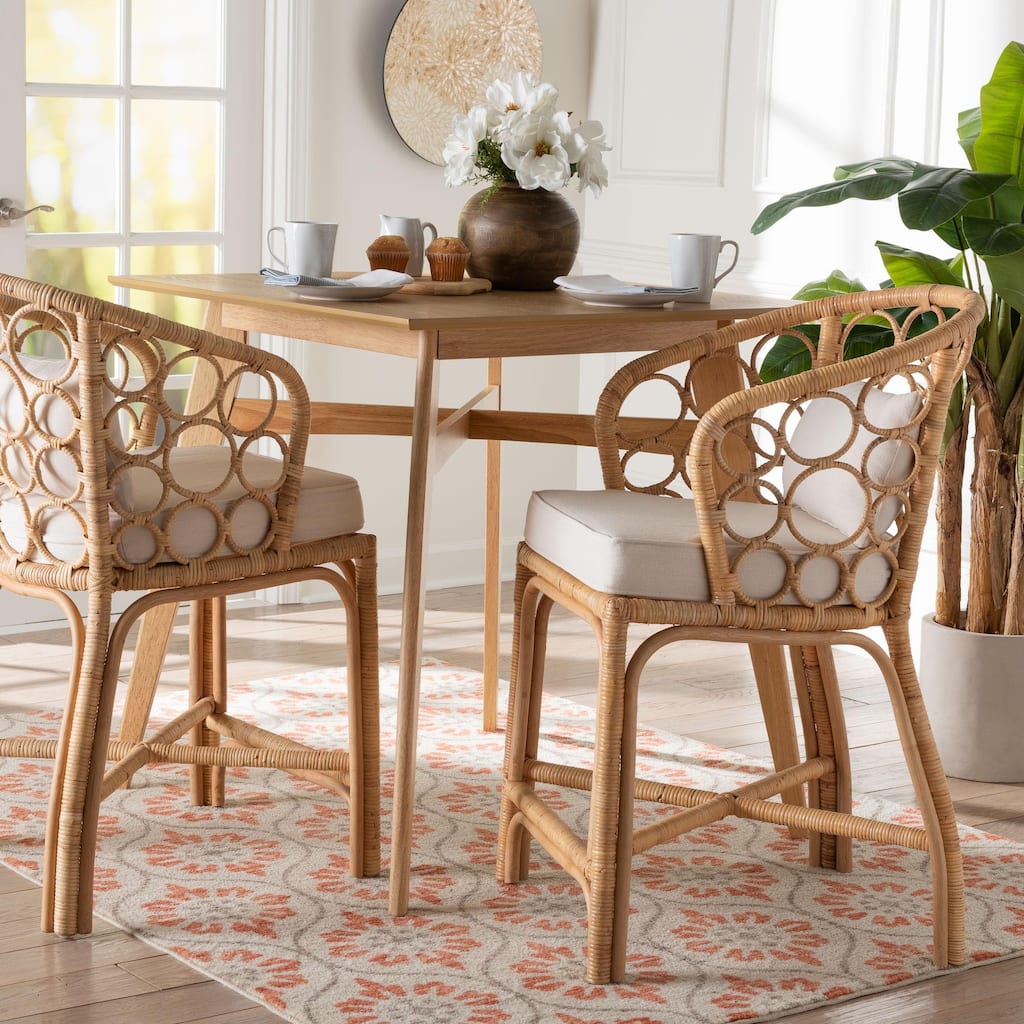 Prisca Natural Rattan Counter Stool with Bubble Frame - Handwoven Wicker Accent Stool with Round Back and Removable Cushions