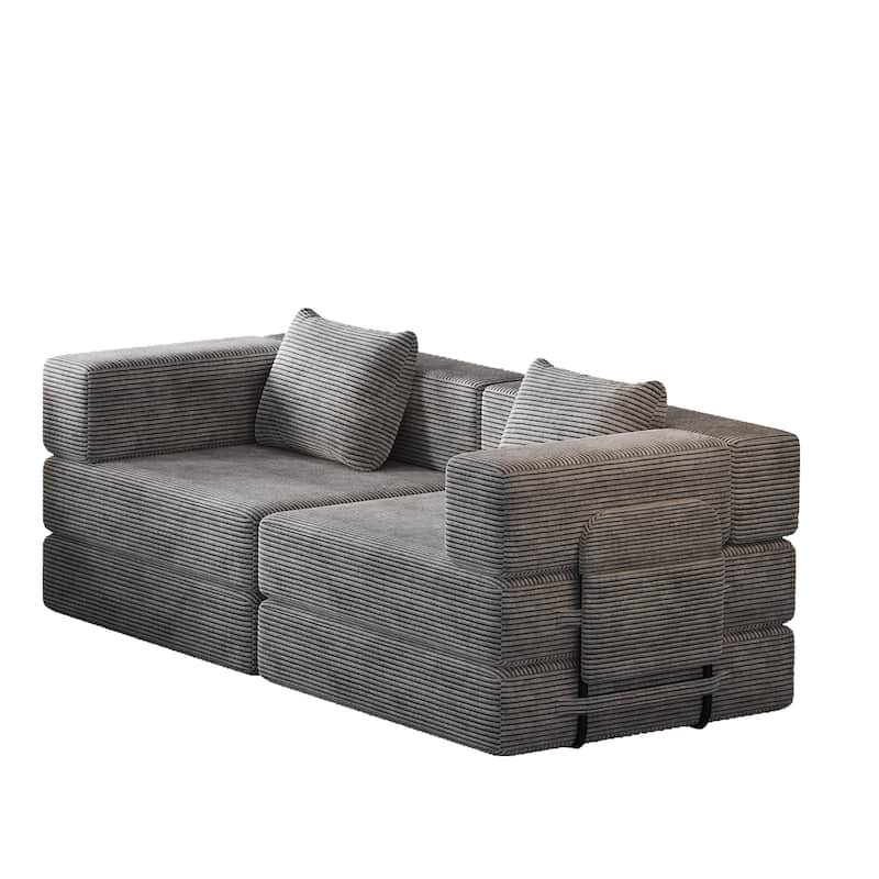Folding Loveseat Sofa Convertible Sleeper Sofa Bed, Floor Standing Couch Bed Corduroy Floor Mats with Side Pockets and Pillows