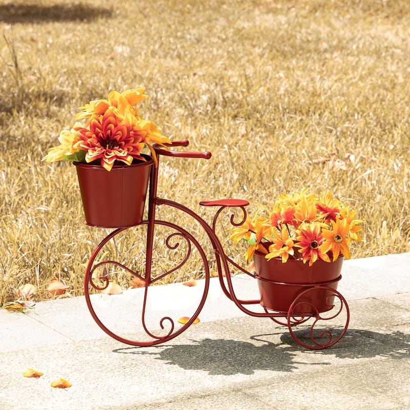 Glitzhome 21.5"L Spring Farmhouse Metal Bicycle Planter Stands Flower Pot Cart