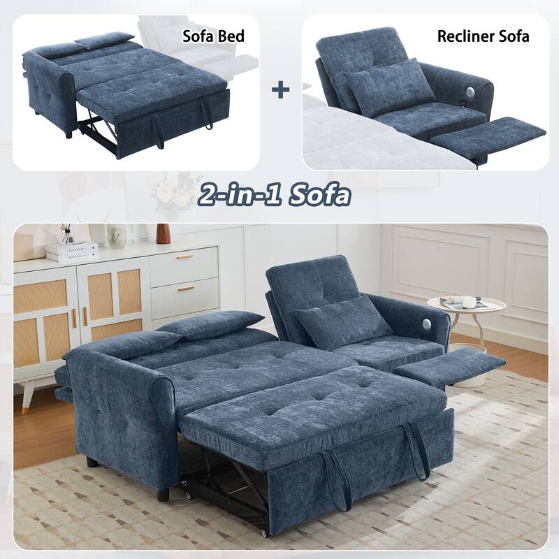 82" Chenille 2-in-1 Sofa Bed with Adjustable Backrest, Reversible Chaise, USB Charging Ports