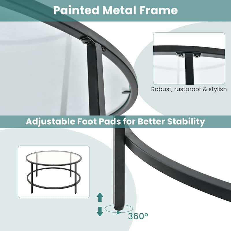Costway 36'' Round Coffee Table Tempered Glass Tabletop Metal Frame - See Details