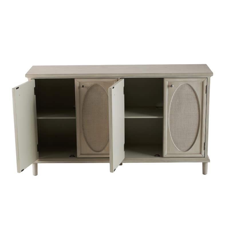 Wooden Geometric Washed Oval Rattan Front 4 Door Sideboard with Round Silver Knobs - Light Gray - Roche River Decor