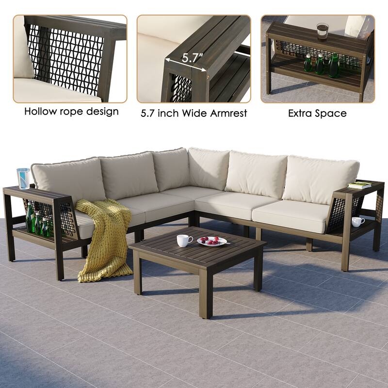 4-Piece Acacia Wood Outdoor Sectional Sofa Set with Mesh Armrests and Cushions, Coffee Table and Side Table